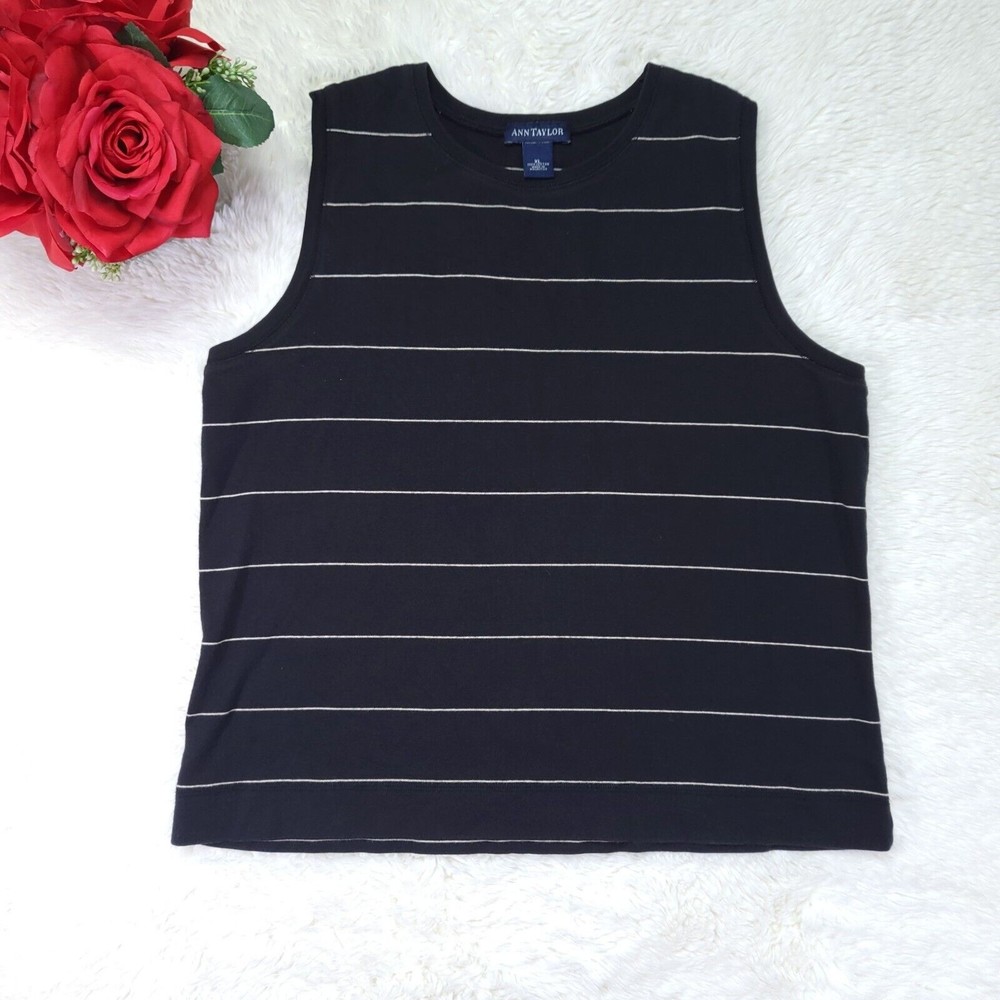 Ann Taylor 100% Cotton Striped Black And Tan Tank Top Size XL